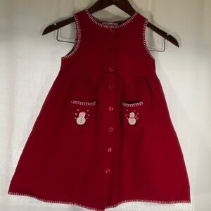 Red Button-Up Dress with Snowman Pockets- Size 5